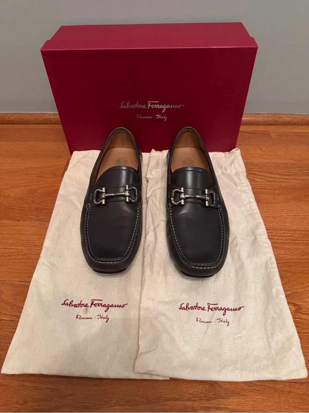 Salvatore Ferragamo Charcoal Gray Leather Men’s Loafers Size 9.5